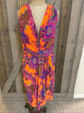 Lauren Ralph Lauren Paisley Faux Wrap Jersey Sheath Cocktail Summer Dress SZ 16